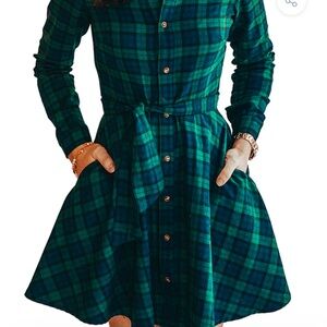 Green Plaid Button-Up Dress